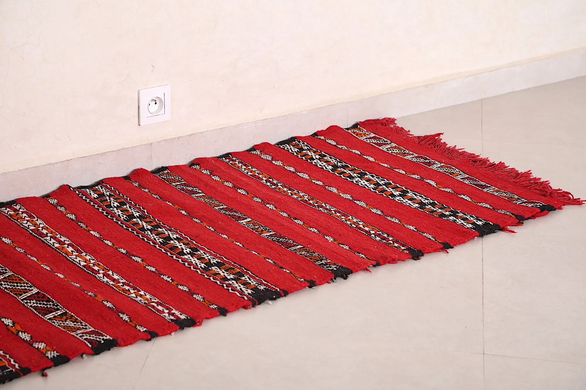Small Moroccan Kilim 2.2 FT x 5.2 FT - Bold Red & Black Design