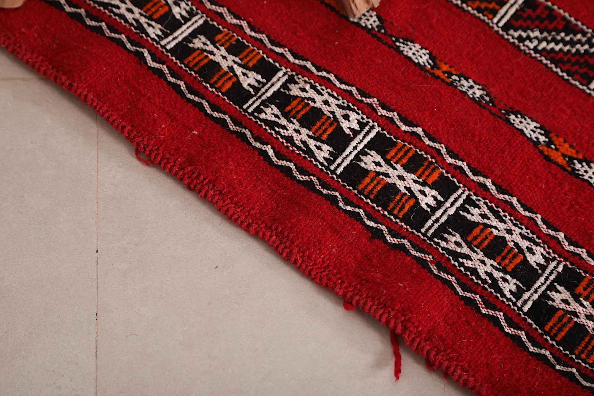 Small Moroccan Kilim 2.2 FT x 5.2 FT - Bold Red & Black Design