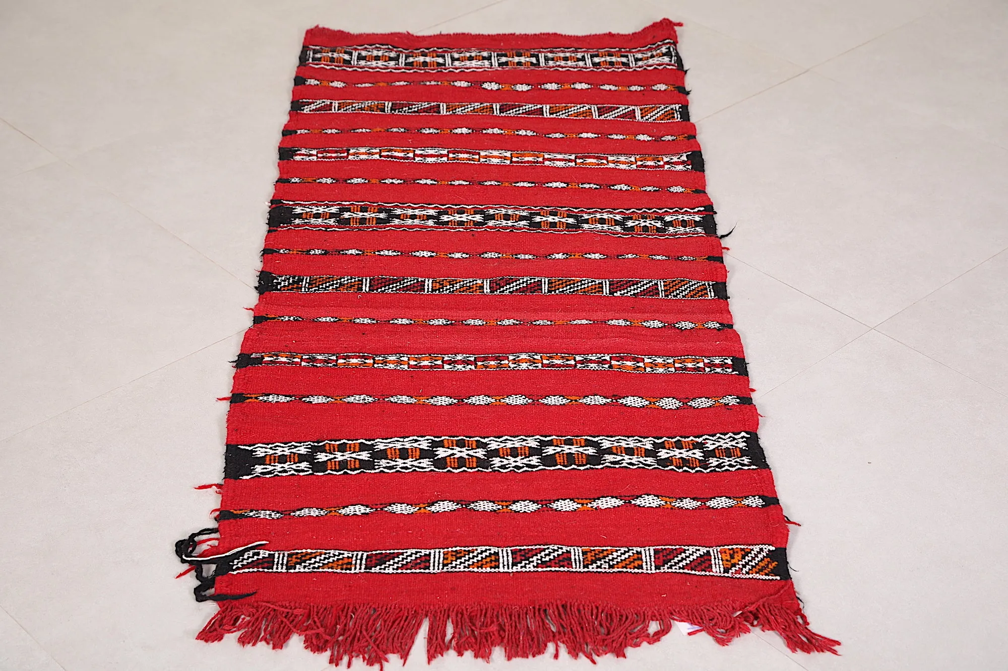Small Moroccan Kilim 2.2 FT x 5.2 FT - Bold Red & Black Design