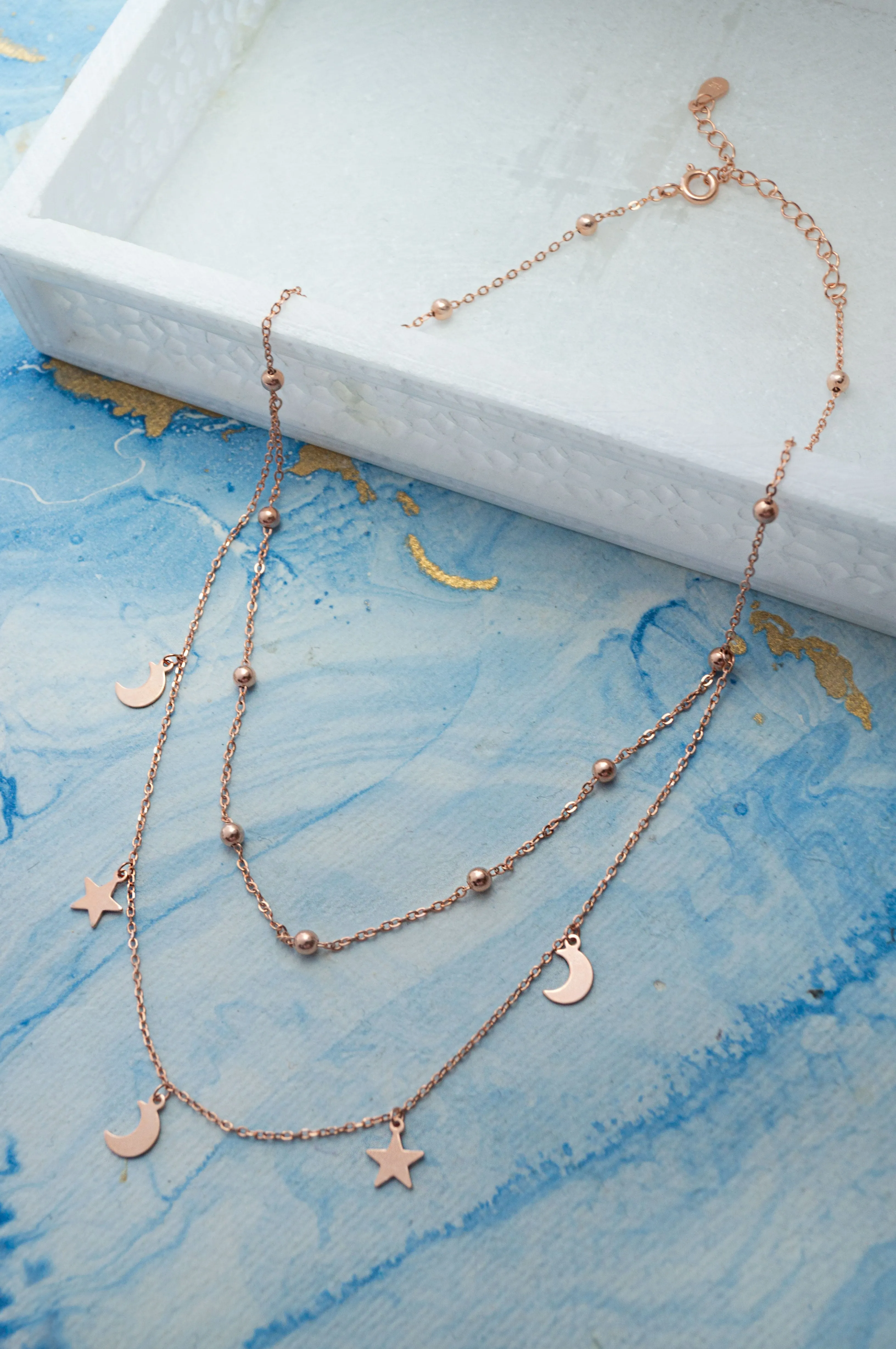 Stars & Moon Charms Rose Gold Plated Sterling Silver Chain Necklace