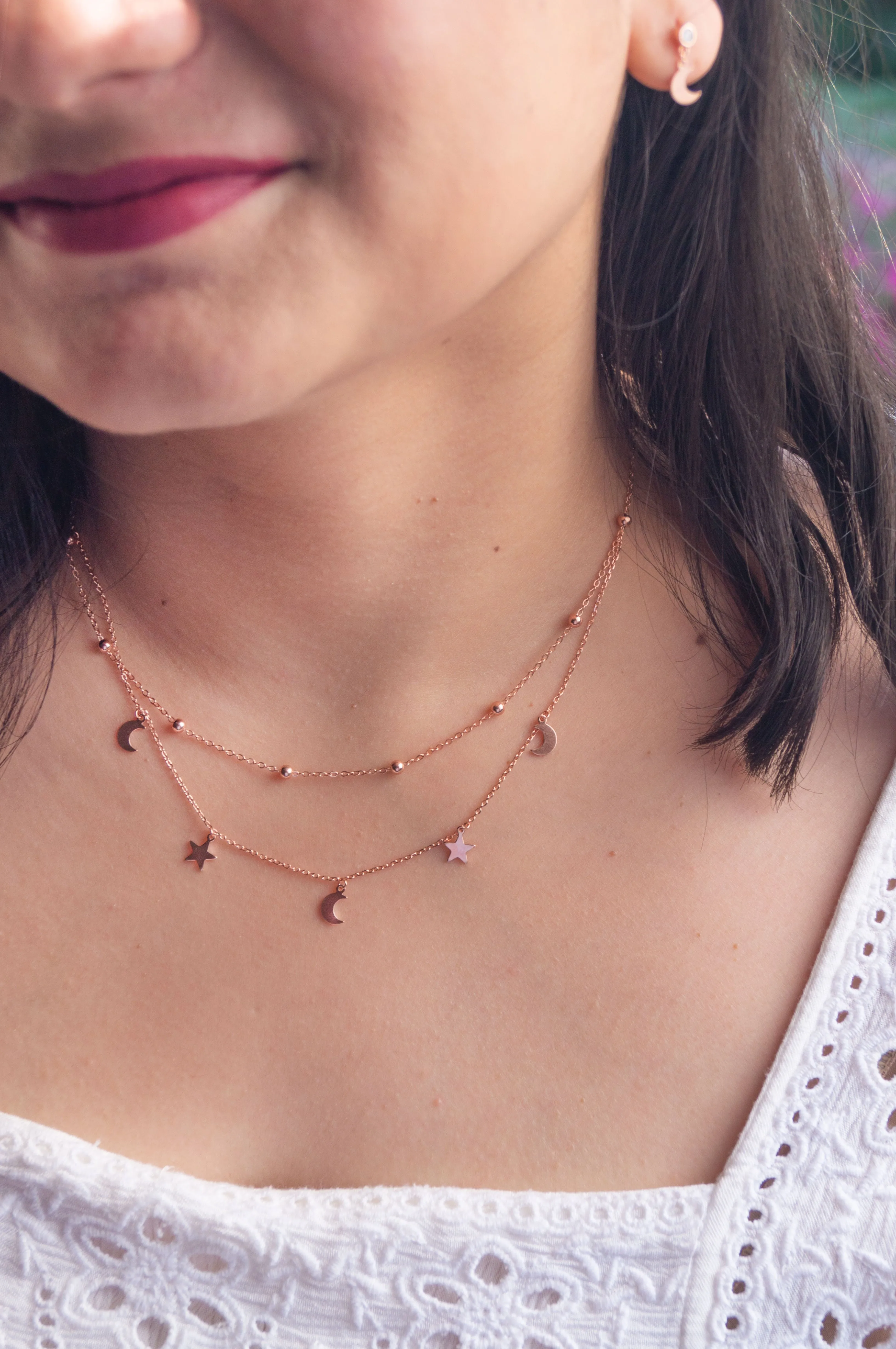 Stars & Moon Charms Rose Gold Plated Sterling Silver Chain Necklace