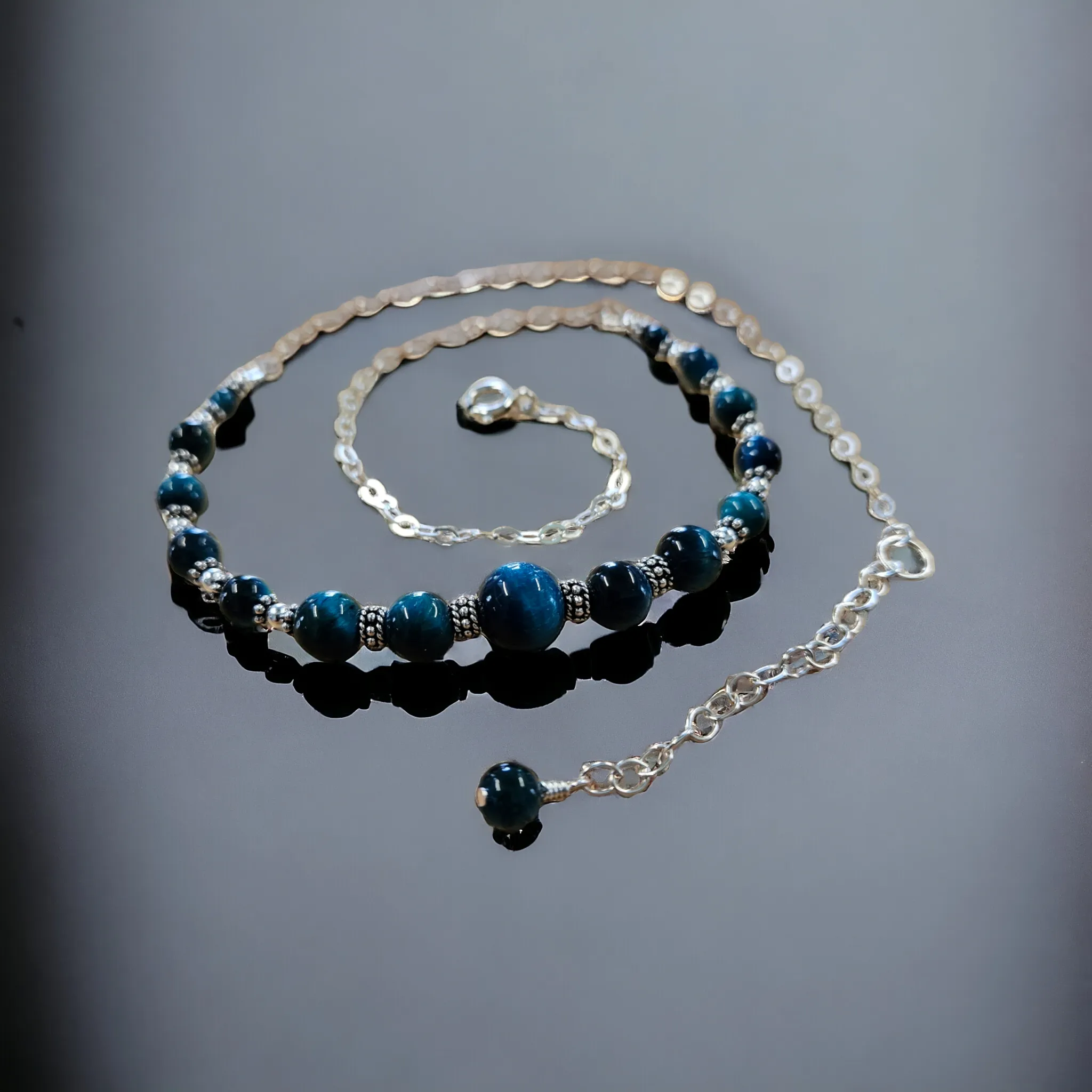 Sterling Silver & Blue Tiger Eye beaded necklace