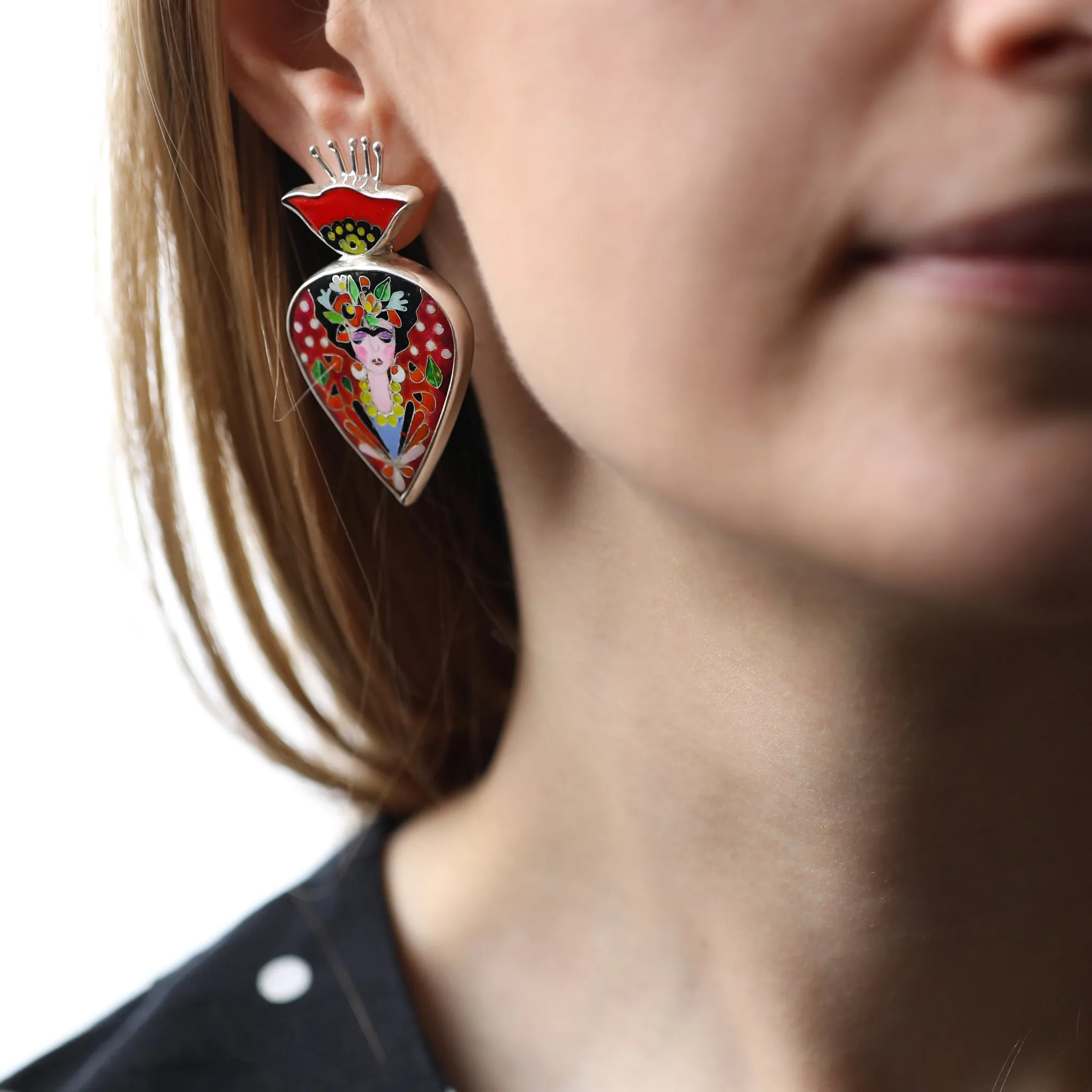 Sterling Silver and Enamel Frida Inspired Earrings