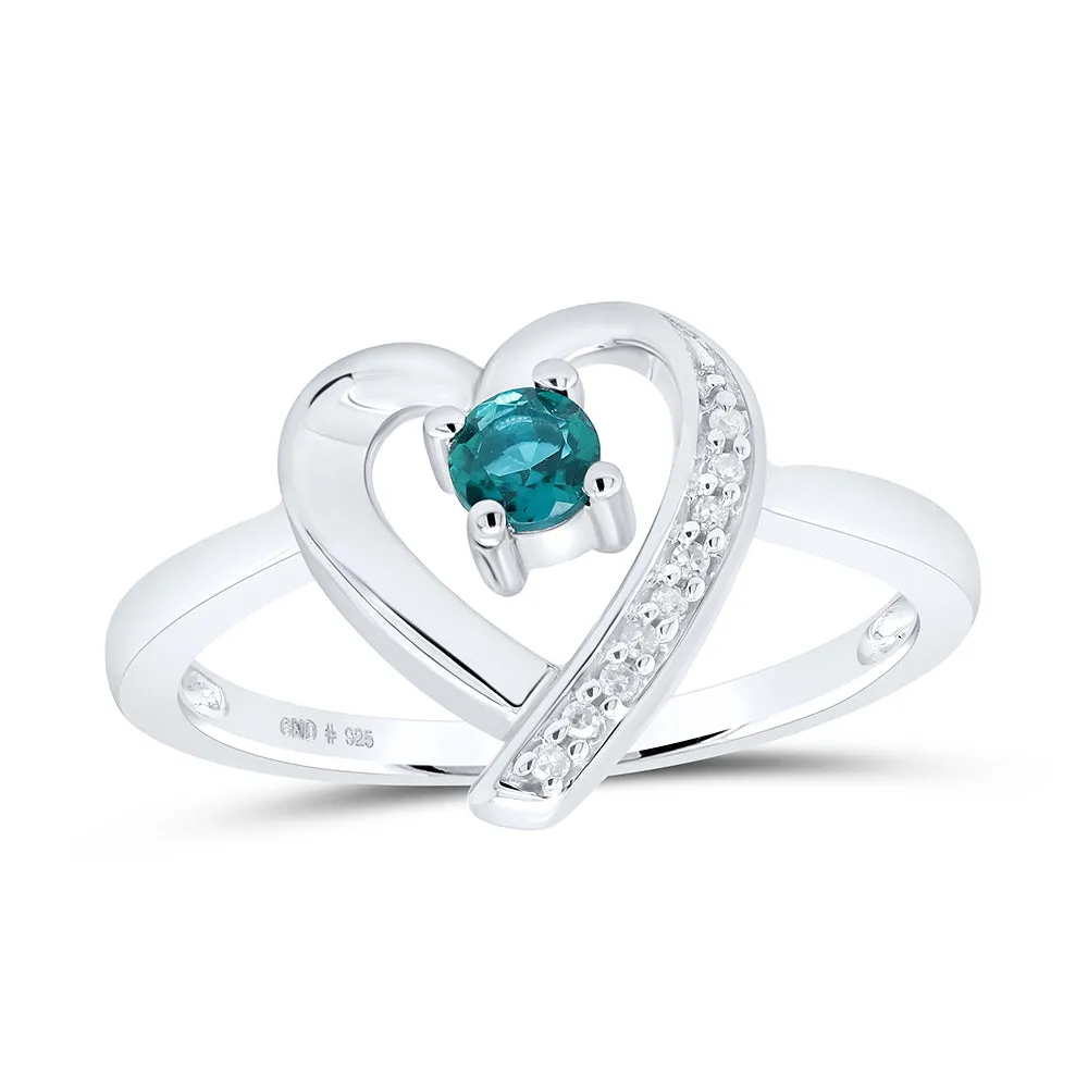 Sterling Silver Womens Round Lab-Created Emerald Solitaire Heart Ring 1/4 Cttw