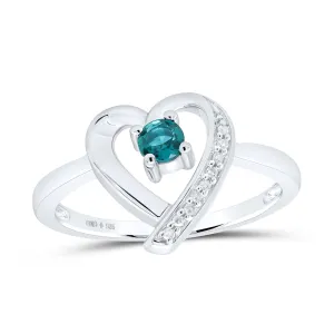 Sterling Silver Womens Round Lab-Created Emerald Solitaire Heart Ring 1/4 Cttw