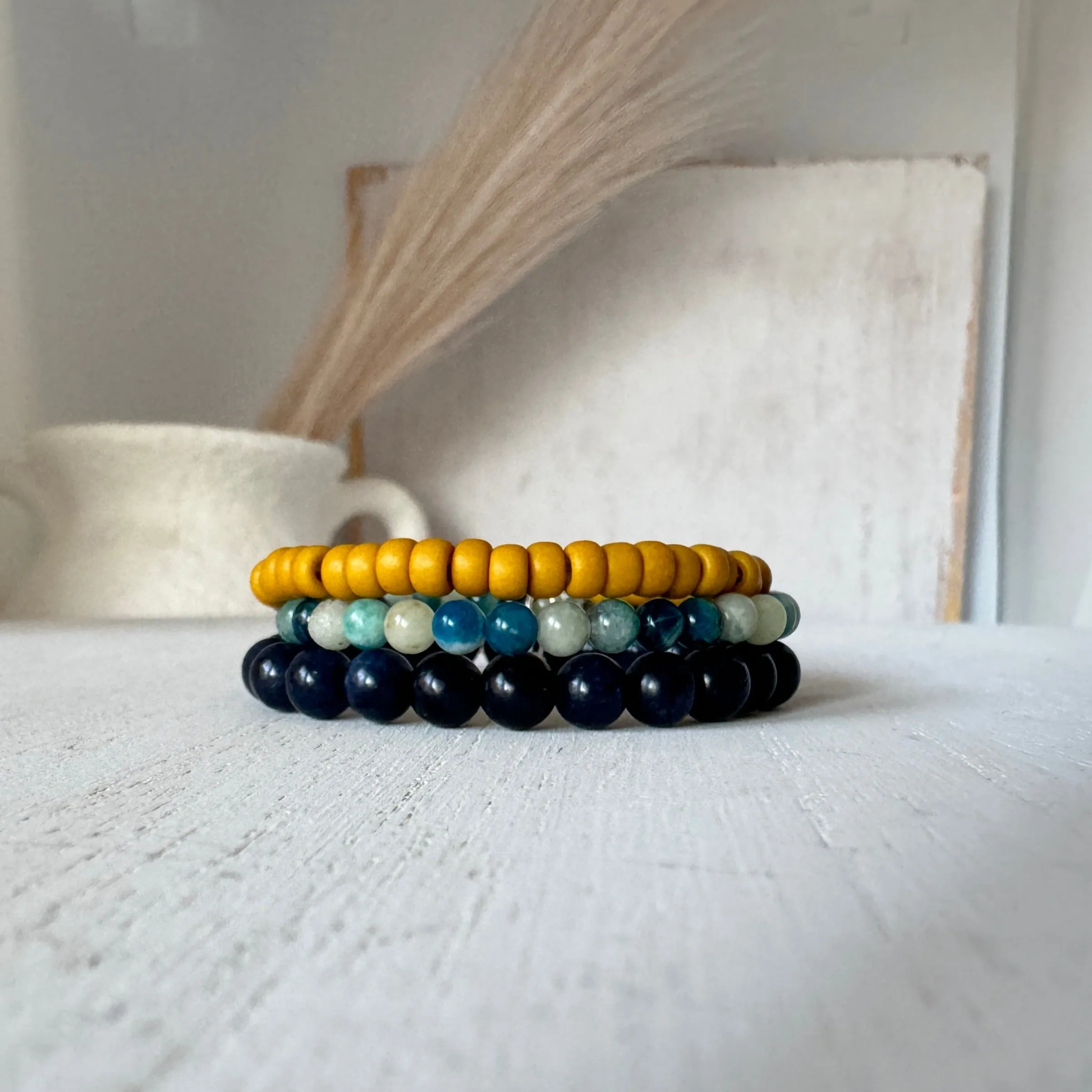 Stormy Waters and Sun Natural Stone Bead Bracelets - Set of 3 or Each