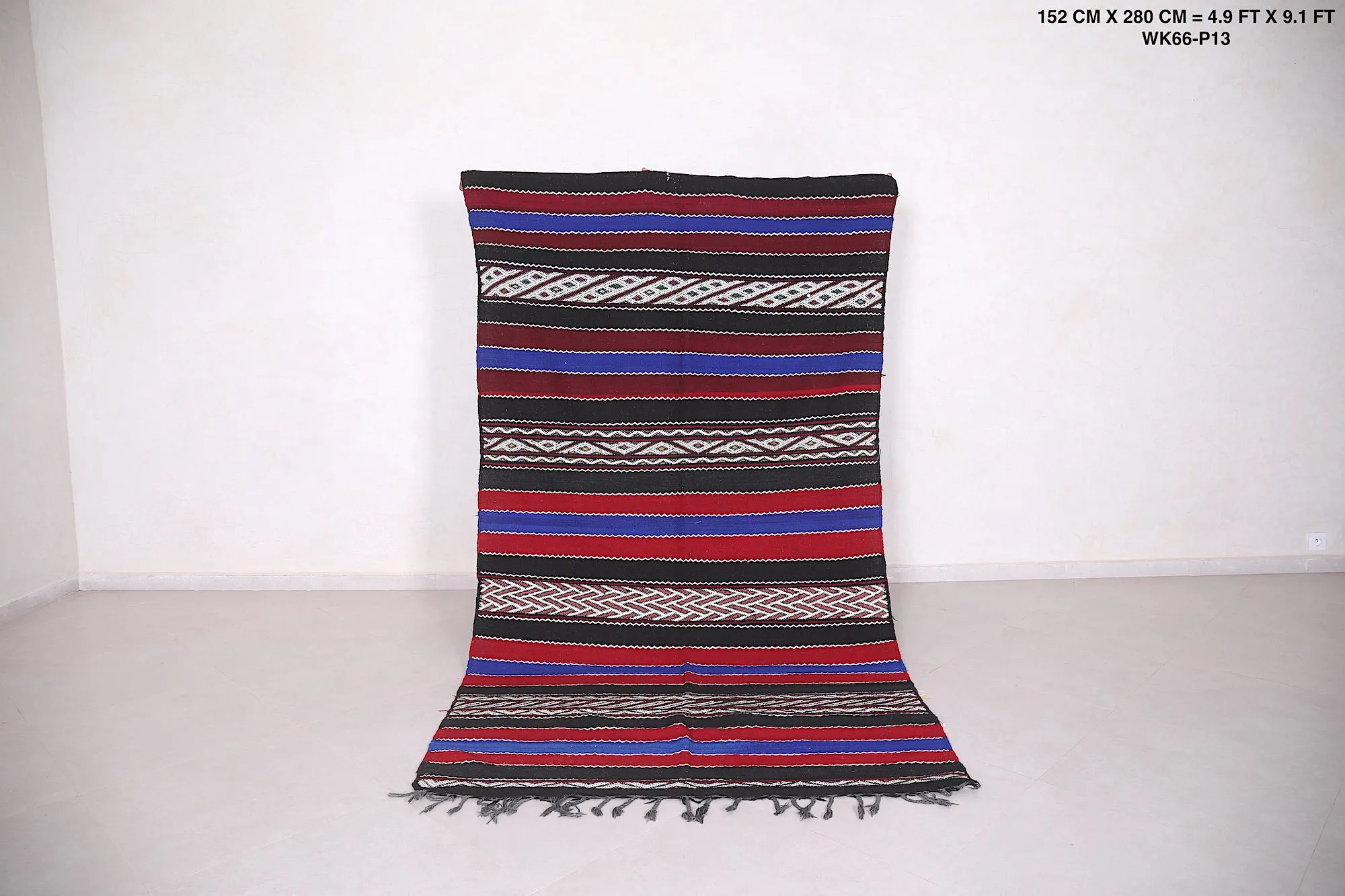Striped Moroccan Kilim Rug - 4.9x9.1 ft Handwoven with Bold Colors