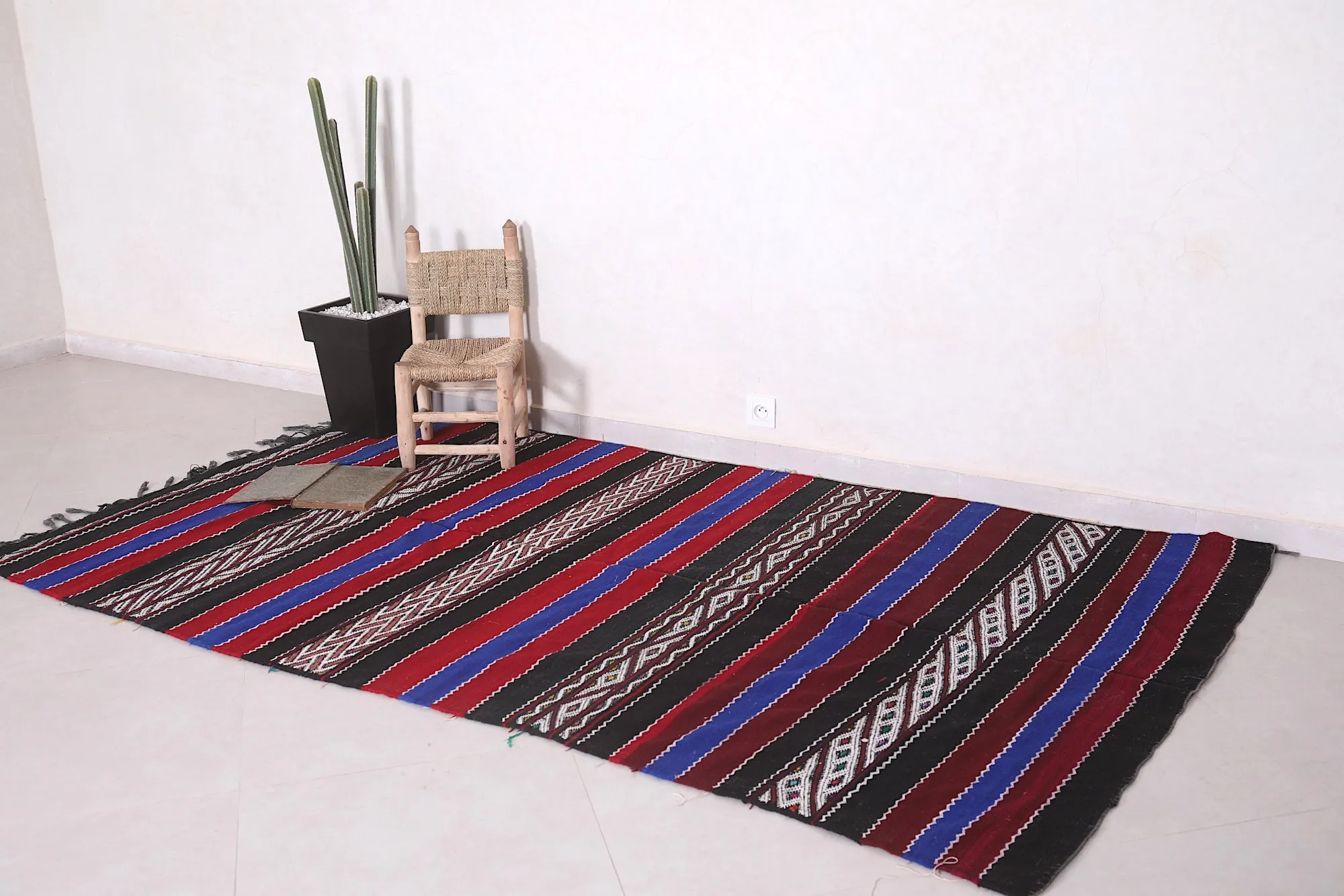 Striped Moroccan Kilim Rug - 4.9x9.1 ft Handwoven with Bold Colors