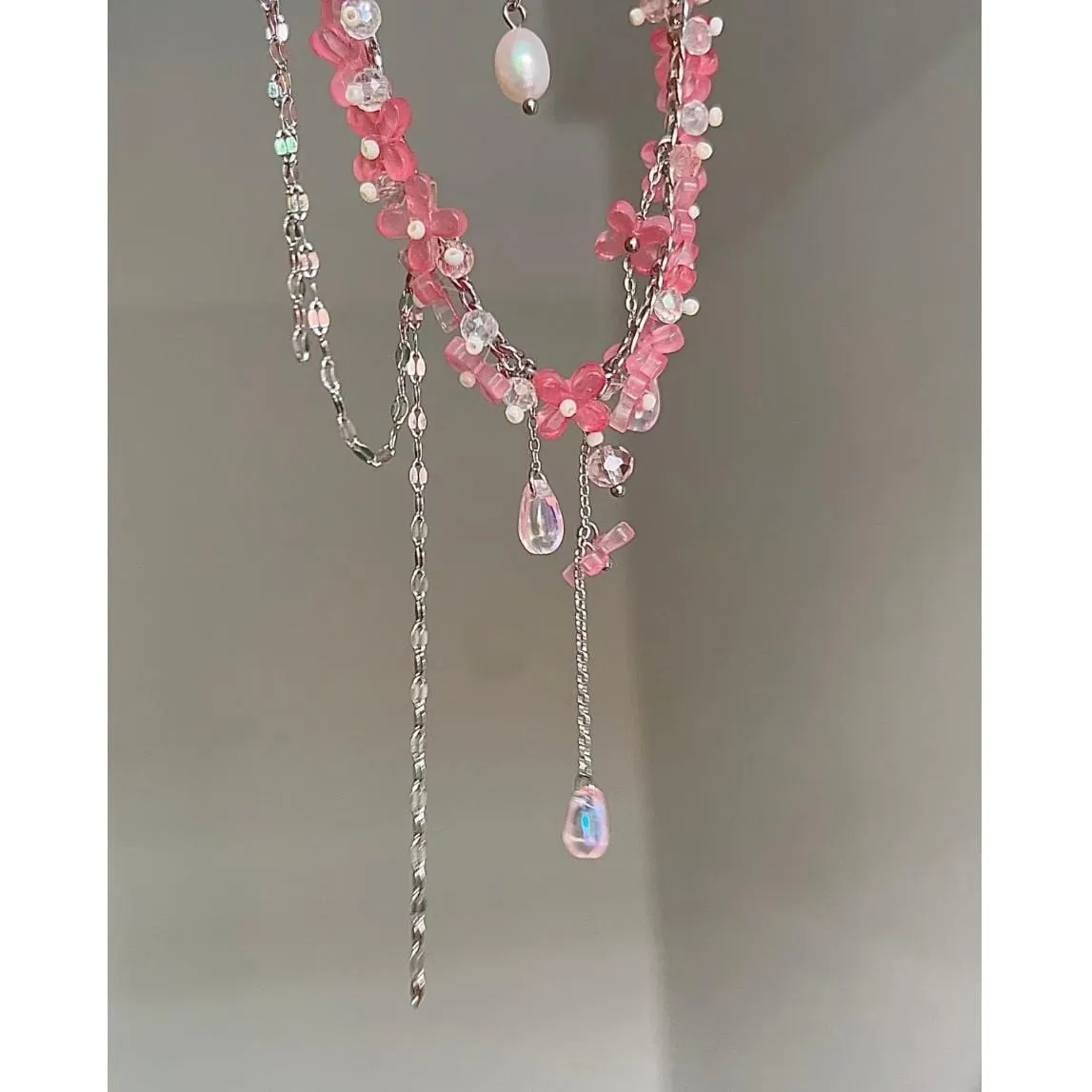 Sweet Glass Flower Beaded Crystal Tassel Choker Necklace