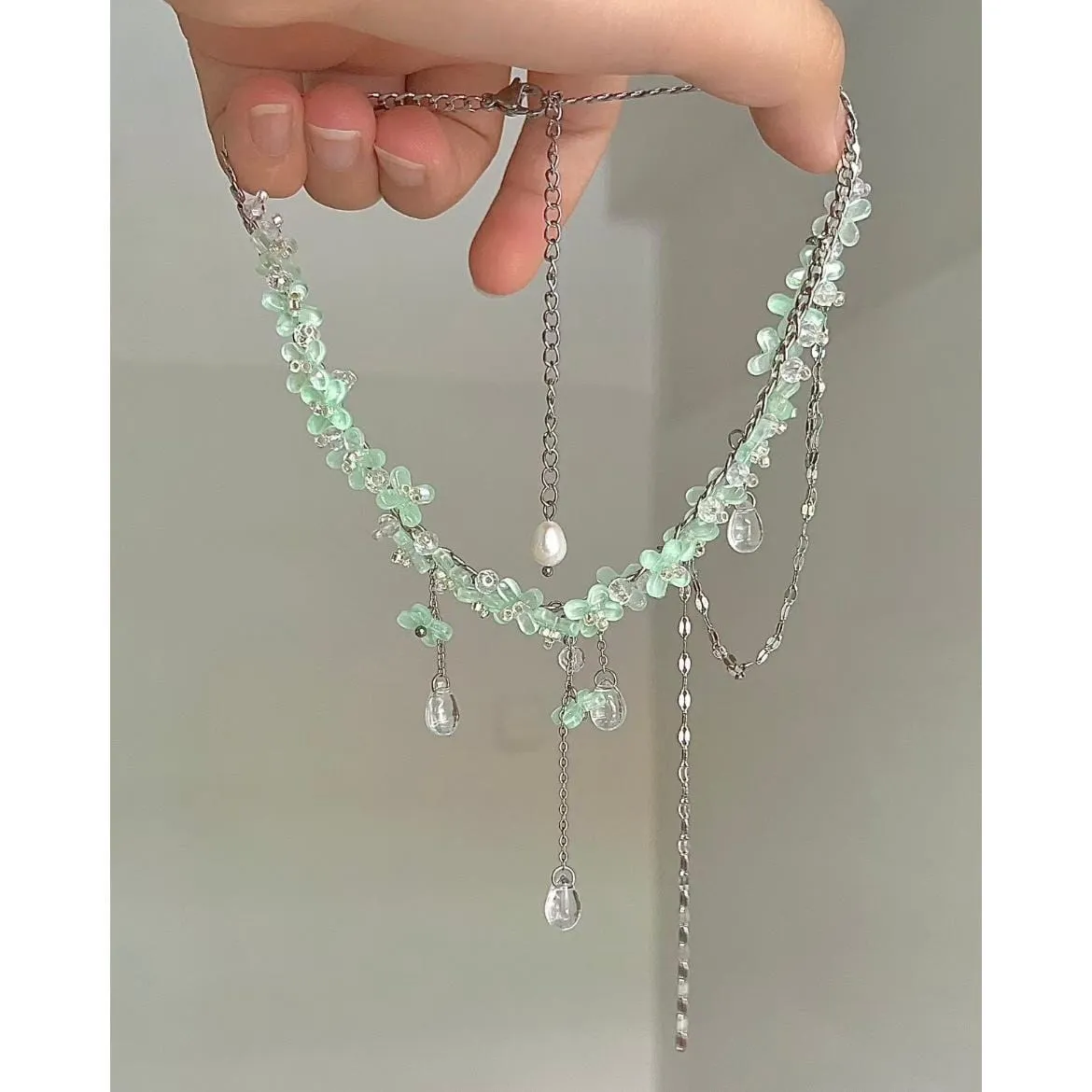 Sweet Glass Flower Beaded Crystal Tassel Choker Necklace