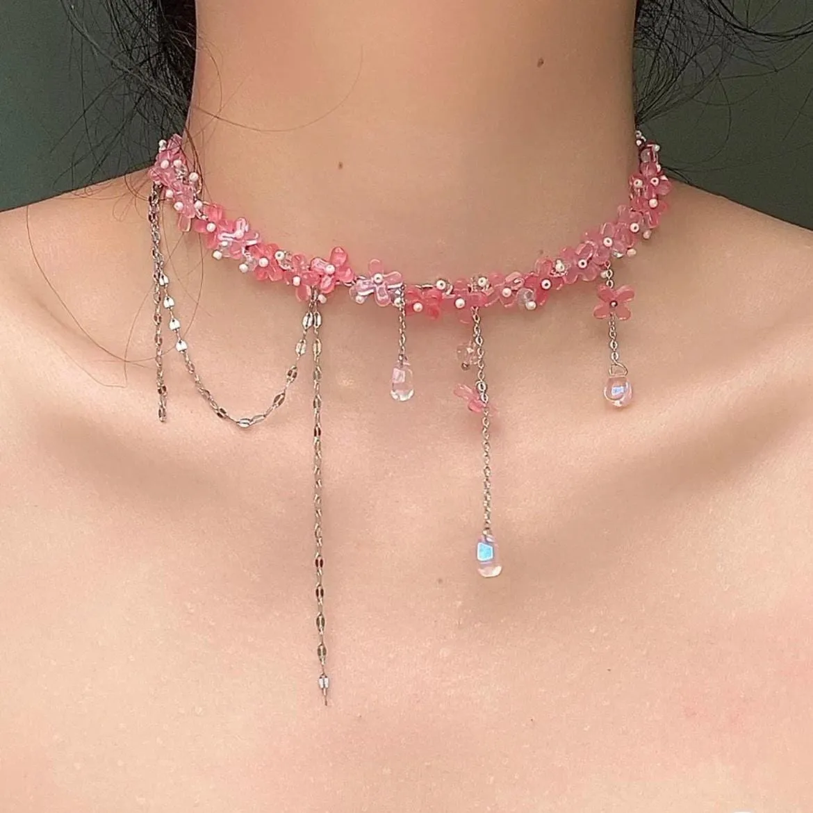 Sweet Glass Flower Beaded Crystal Tassel Choker Necklace