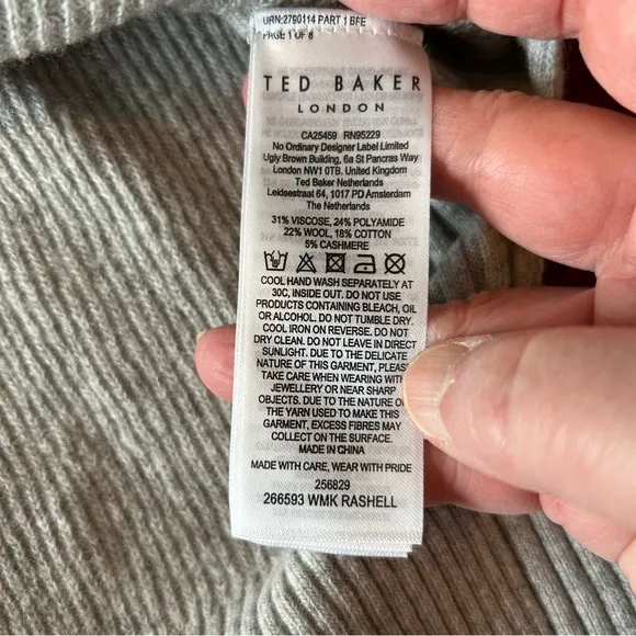 Ted Baker Rashell Wool/Cashmere Blend Sweater Gray. Size 1 Ted size/size 4US.