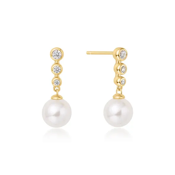 Tennis Beaded Stone Pearl Drop Earrings in Gold Plated Sterling Silver