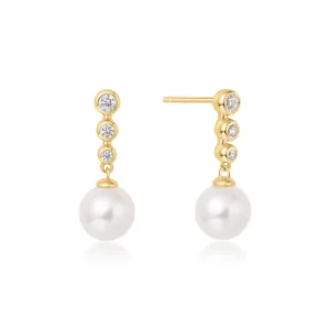 Tennis Beaded Stone Pearl Drop Earrings in Gold Plated Sterling Silver