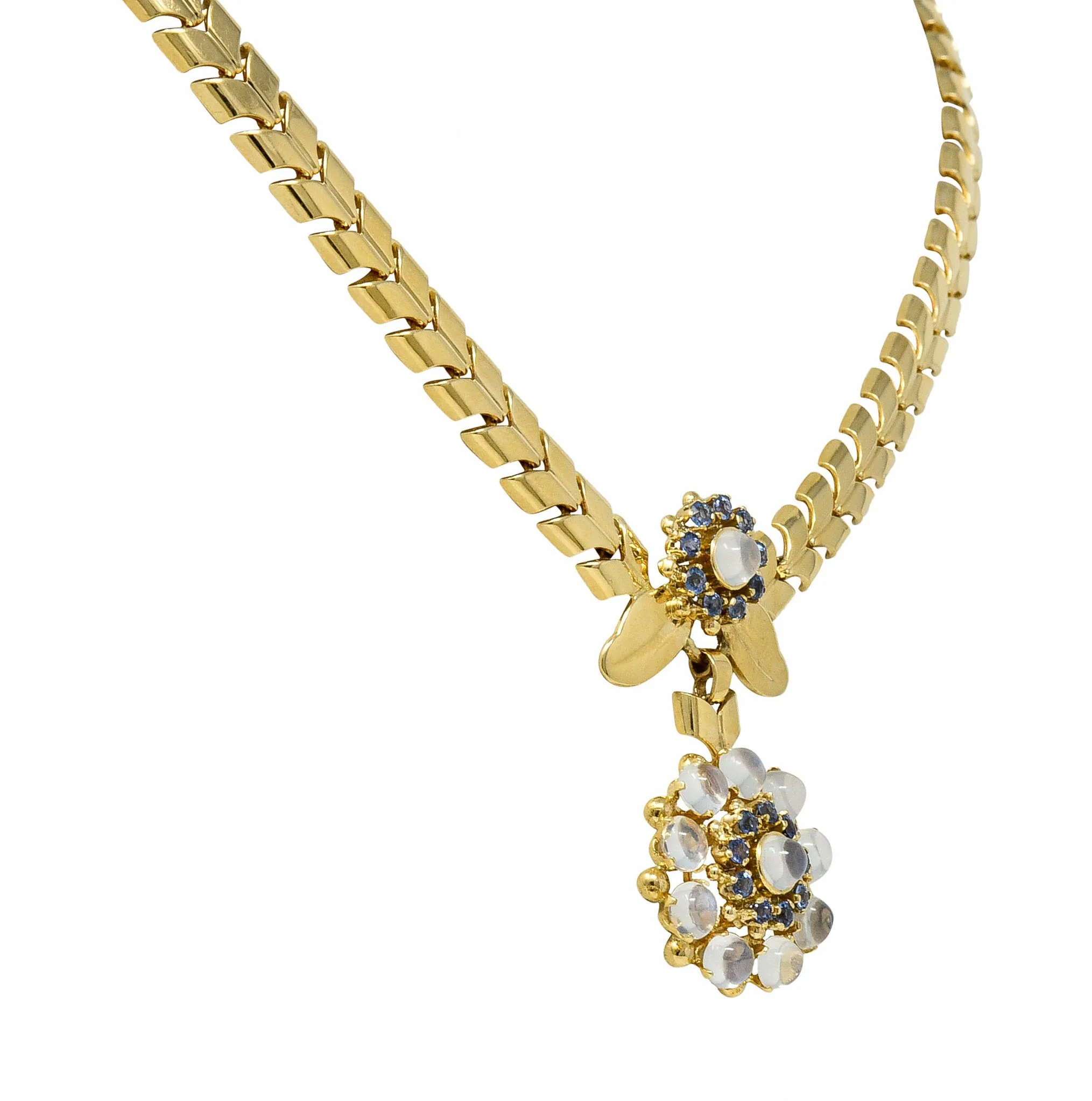 Tiffany & Co. Retro Moonstone Sapphire 14 Karat Gold Floral Cluster Necklace