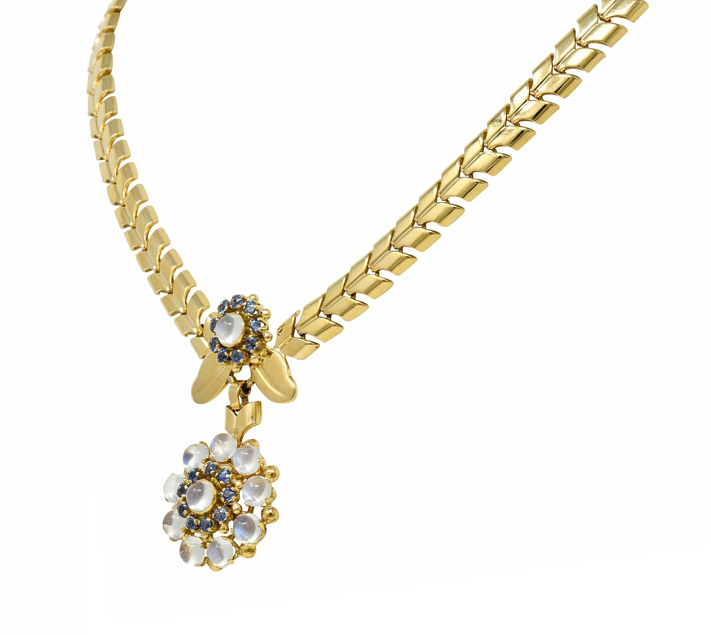 Tiffany & Co. Retro Moonstone Sapphire 14 Karat Gold Floral Cluster Necklace