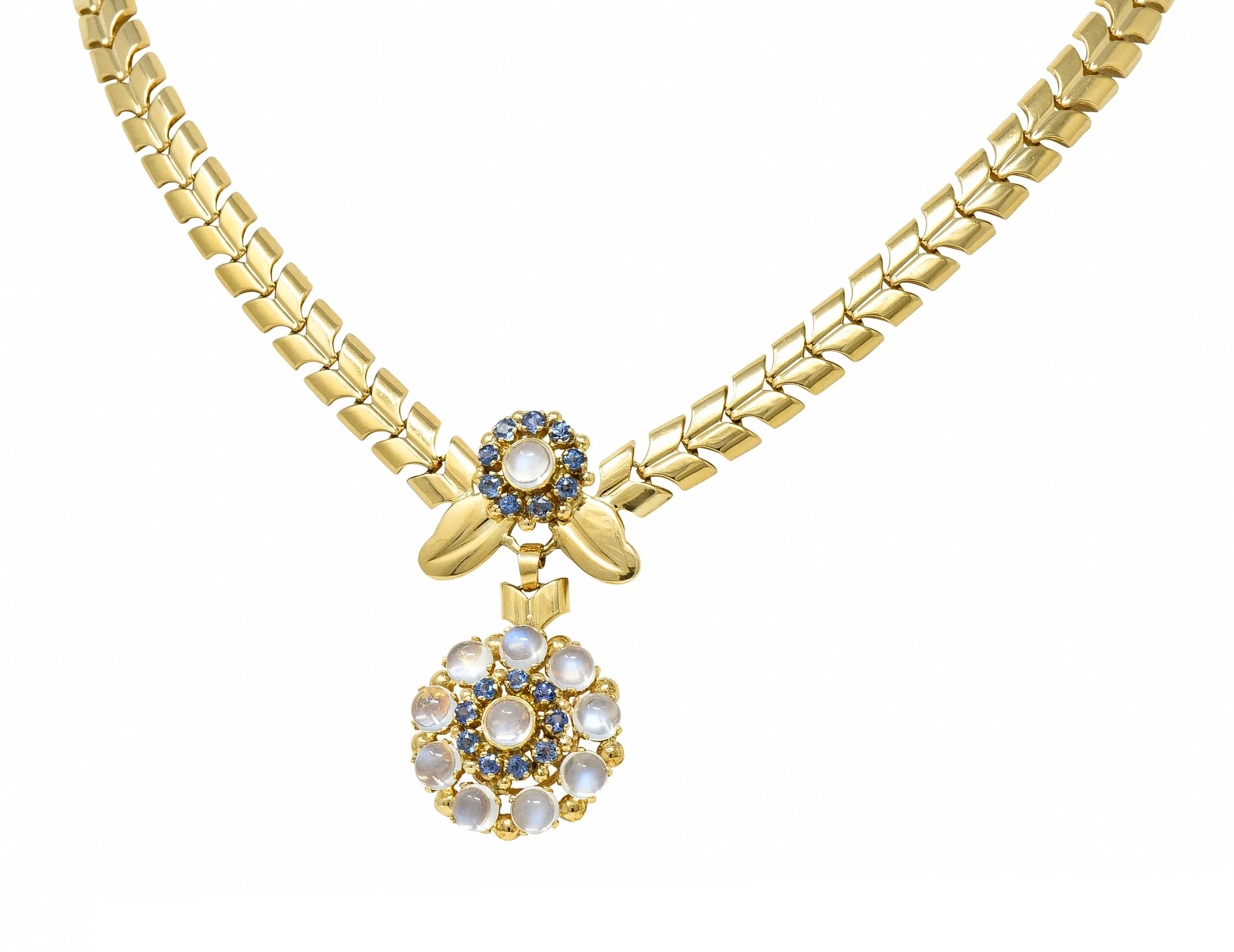 Tiffany & Co. Retro Moonstone Sapphire 14 Karat Gold Floral Cluster Necklace