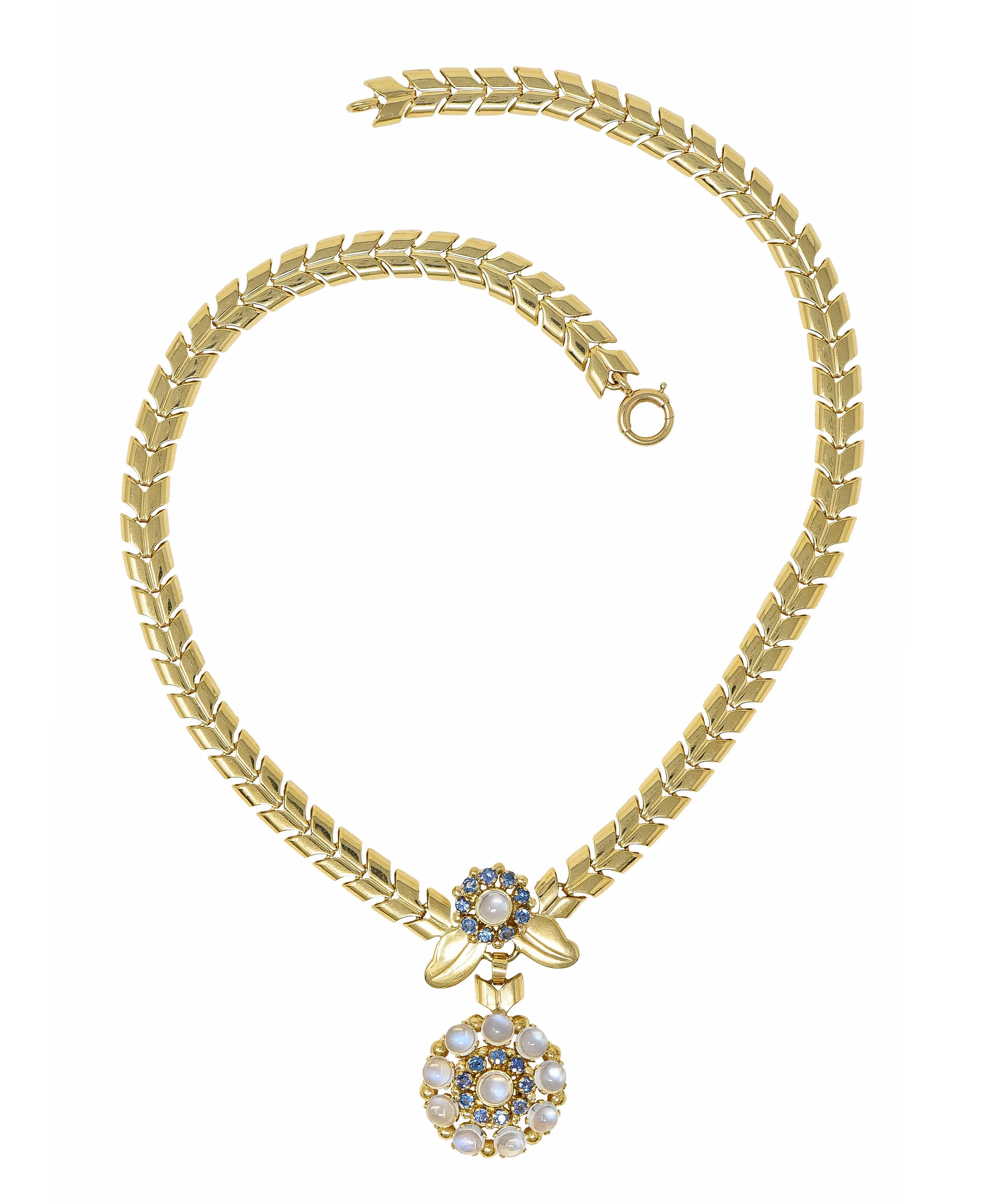 Tiffany & Co. Retro Moonstone Sapphire 14 Karat Gold Floral Cluster Necklace