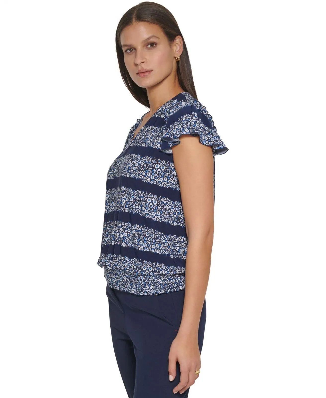Tommy Hilfiger Women's Printed V-Neck Flutter-Sleeve Top H25TM88H