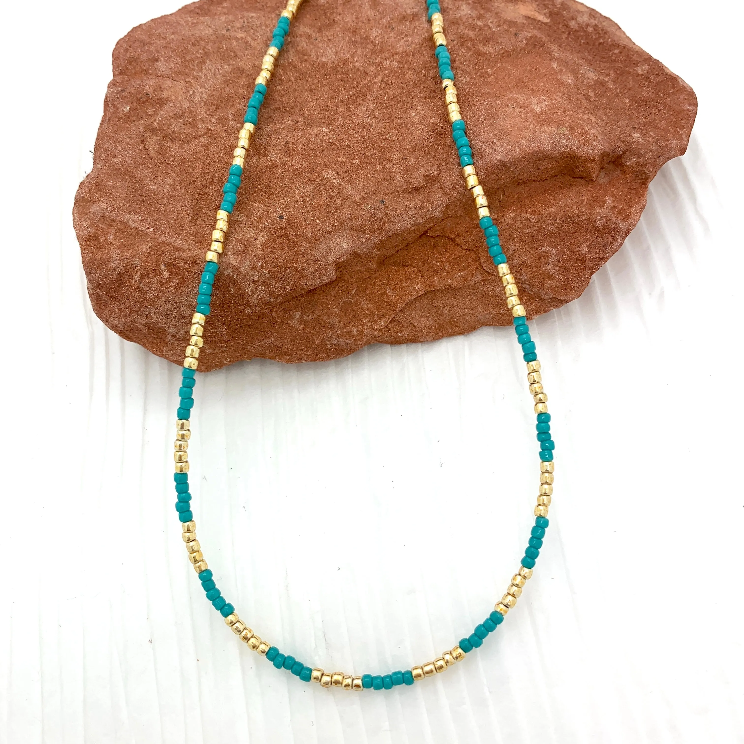 Turquoise   Brilliant Gold Beaded Necklace