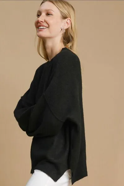 Umgee Full Size Side Slit Wool Blend Round Neck Sweater Plus Size