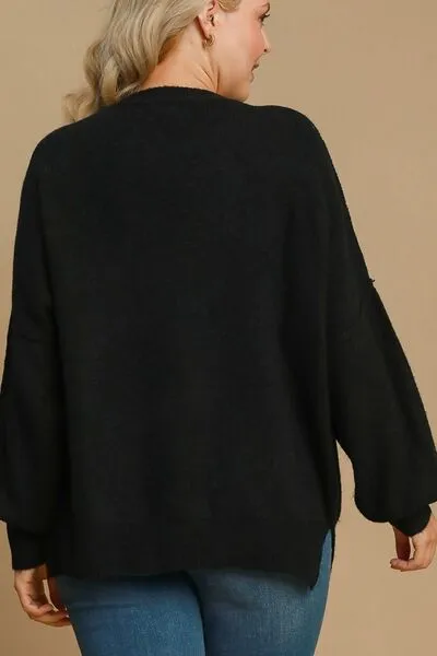 Umgee Full Size Side Slit Wool Blend Round Neck Sweater Plus Size