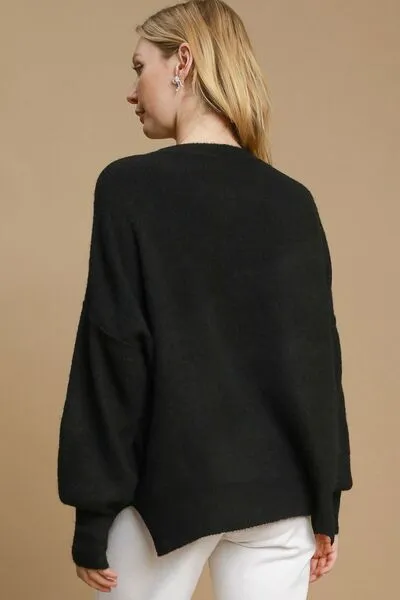 Umgee Full Size Side Slit Wool Blend Round Neck Sweater Plus Size