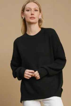 Umgee Full Size Side Slit Wool Blend Round Neck Sweater Plus Size