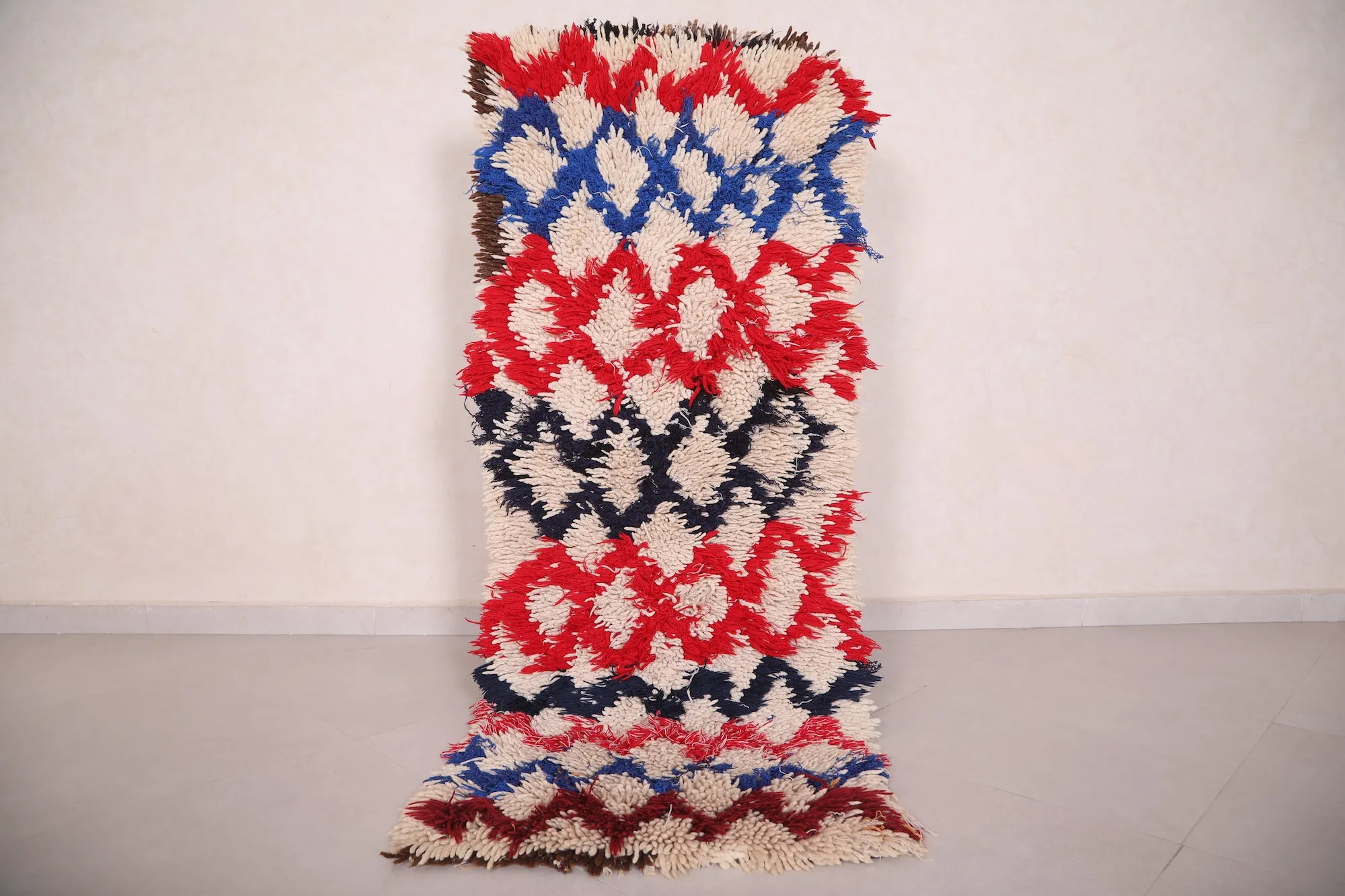 Vibrant Moroccan Rug 2.1 x 5.7 FT - Bold Red & Blue Design
