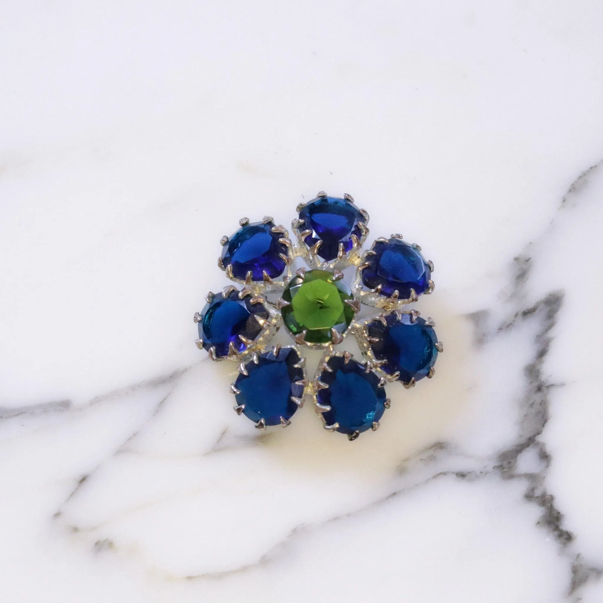 Vintage 1950s Blue and Green Rhinestone Pinwheel Brooch