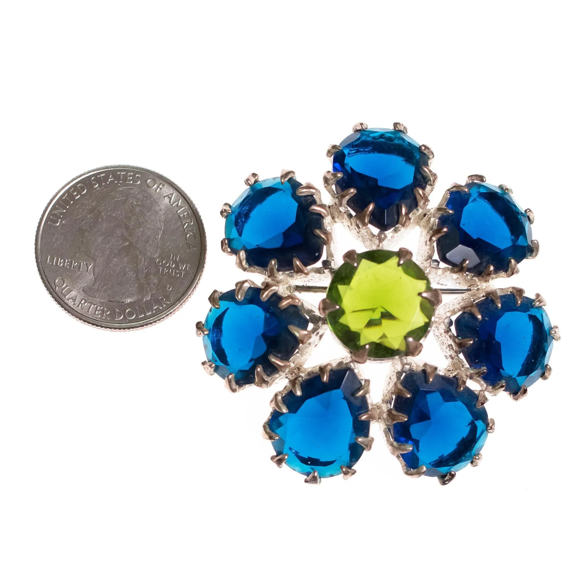 Vintage 1950s Blue and Green Rhinestone Pinwheel Brooch