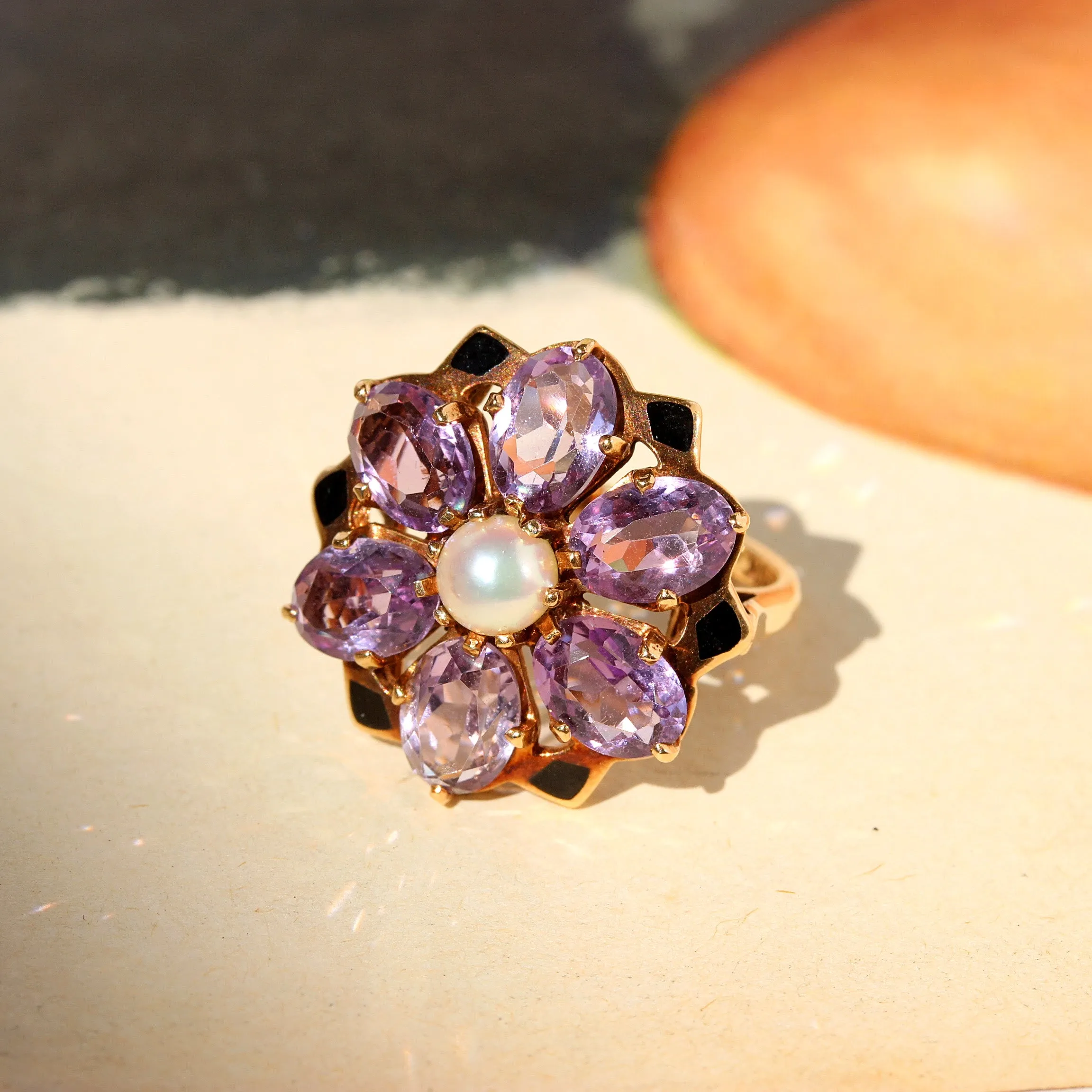 Vintage Amethyst, Pearl & Black Enamel Flower Ring, 10k