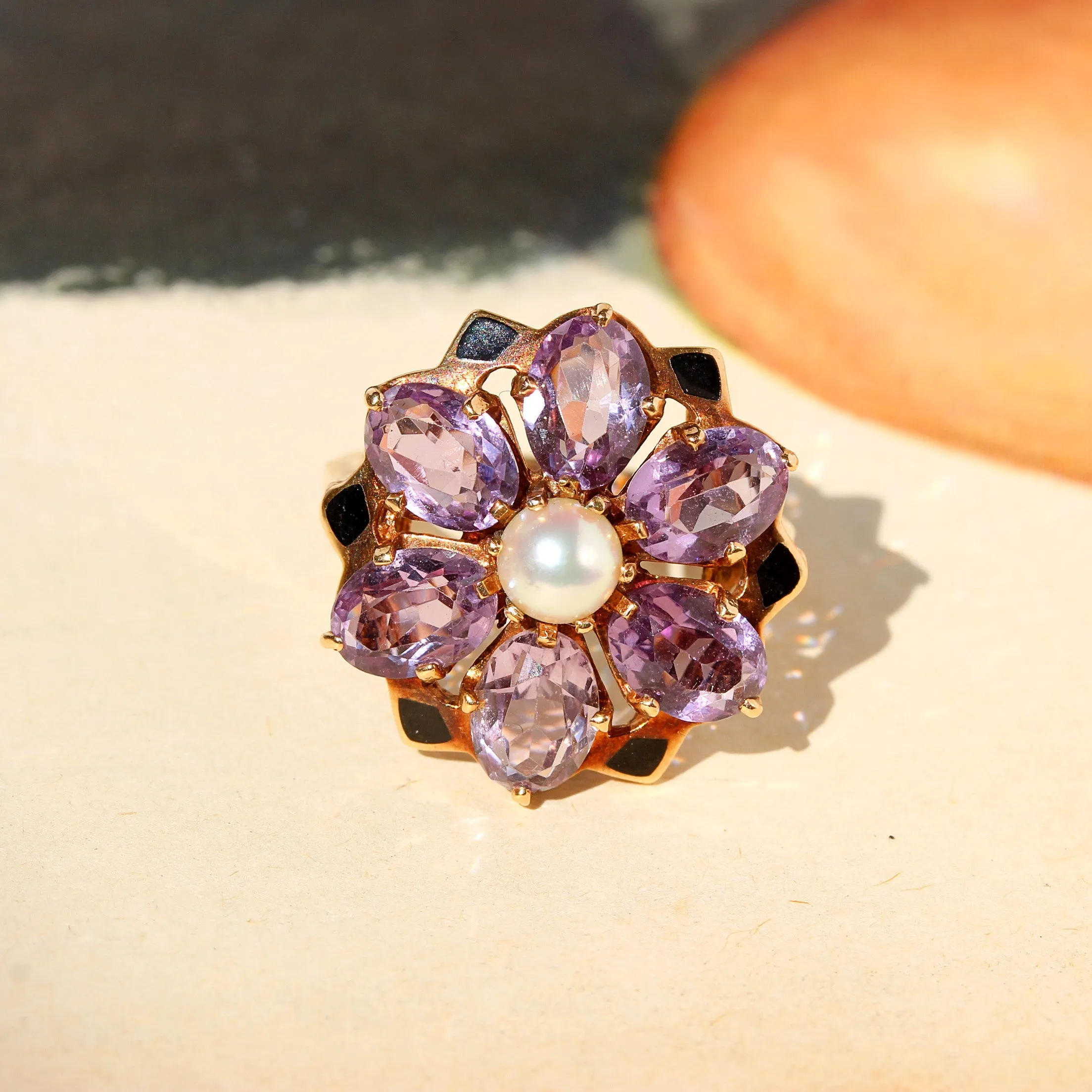 Vintage Amethyst, Pearl & Black Enamel Flower Ring, 10k