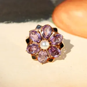 Vintage Amethyst, Pearl & Black Enamel Flower Ring, 10k