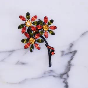 Vintage Green, Orange and Yellow Rhinestone Flower Brooch