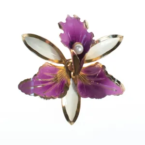 Vintage Purple and White Orchid Enamel Flower Brooch