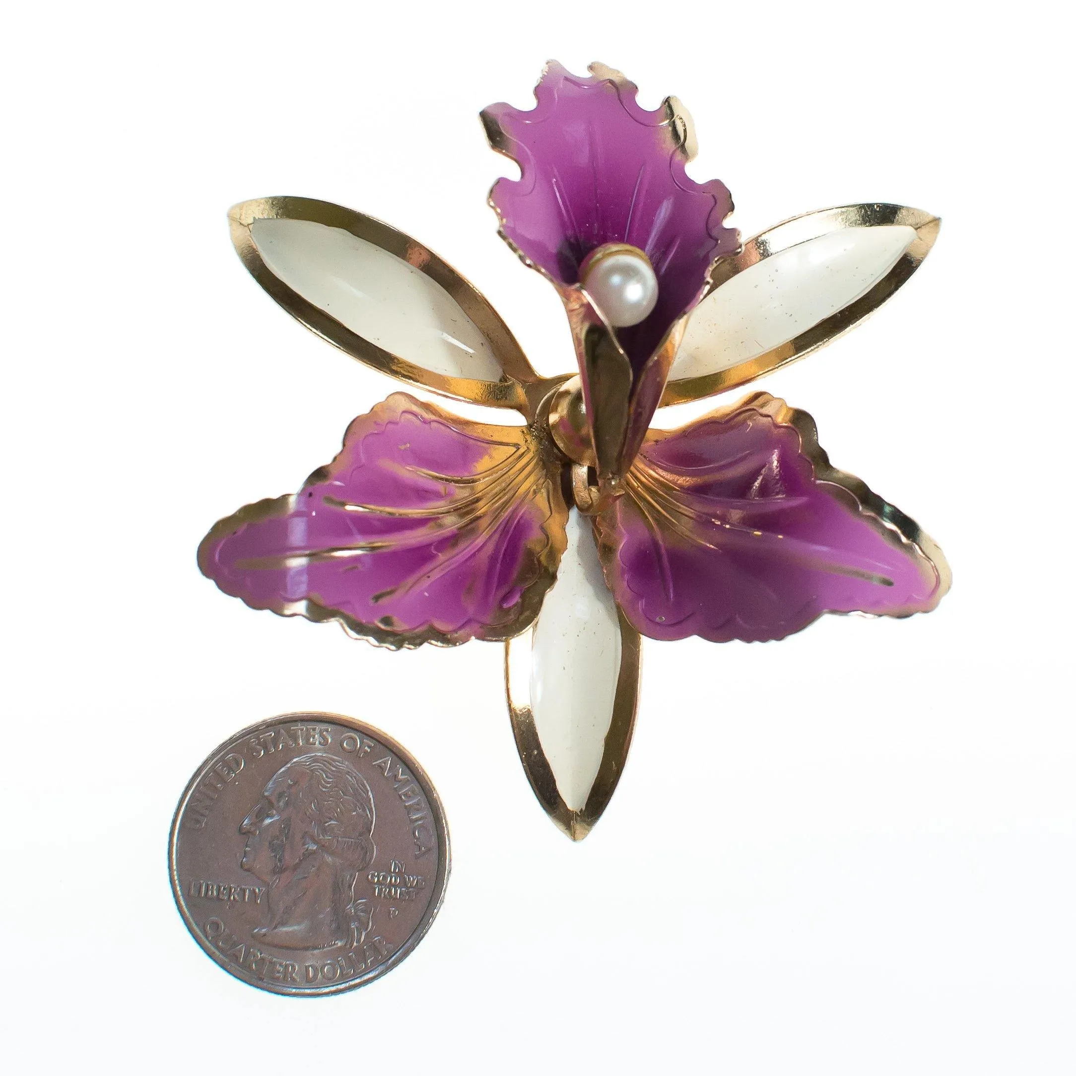 Vintage Purple and White Orchid Enamel Flower Brooch