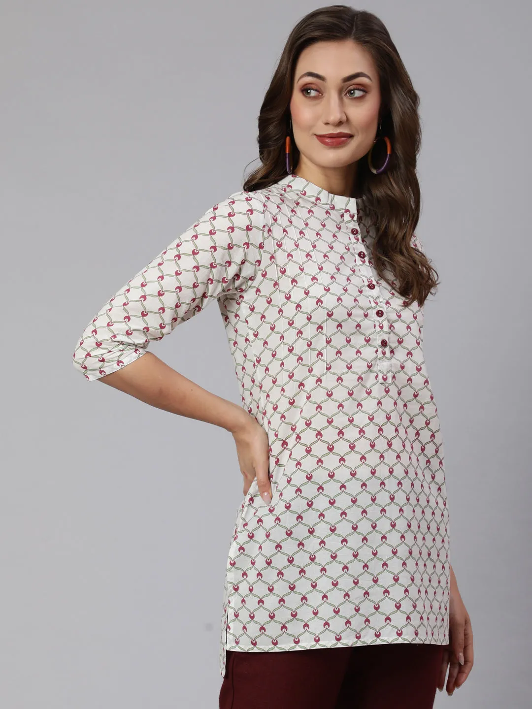 White Geometric Printed Cotton Short Kurta With Burgundy Pants