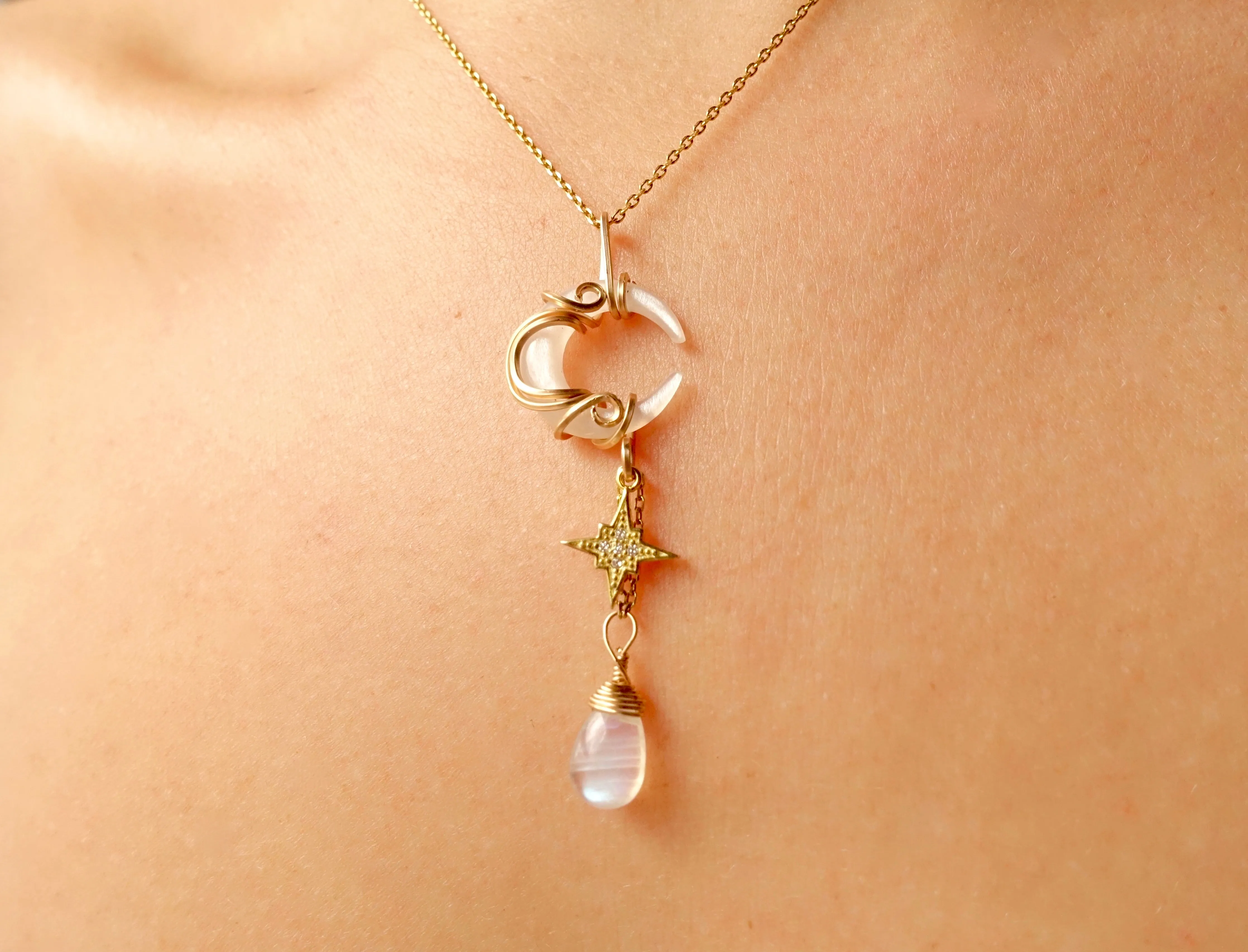 White Moonstone Moon in Gold