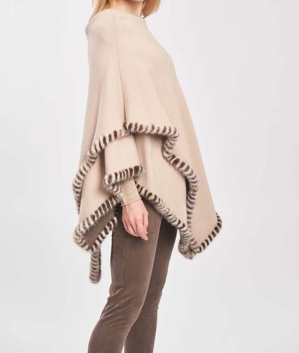 Woven Poncho With Mink Trim Cream