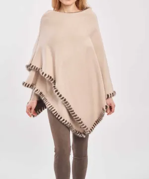 Woven Poncho With Mink Trim Cream