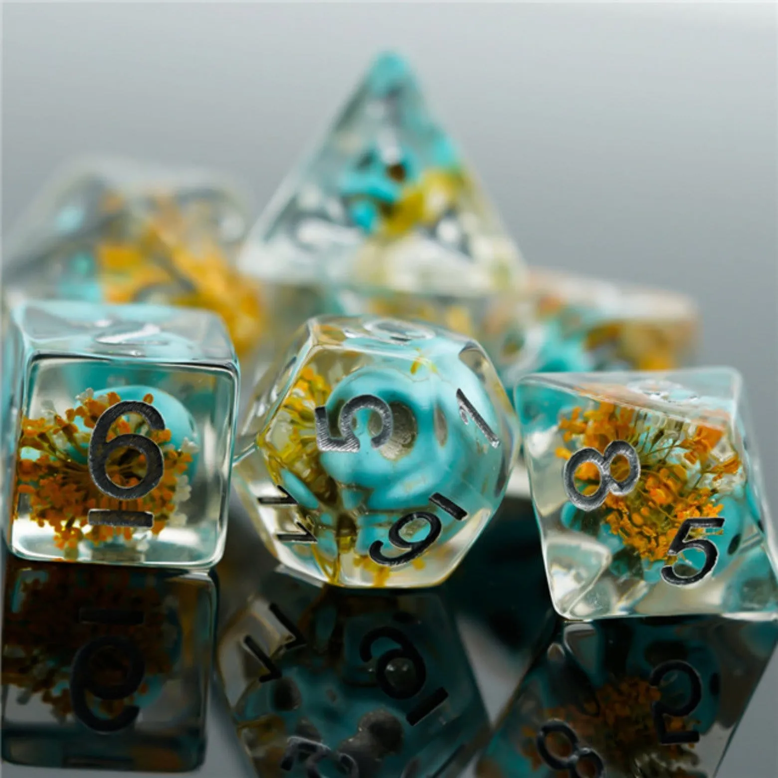 Yellow Flower with Blue Skull RPG Dice Set