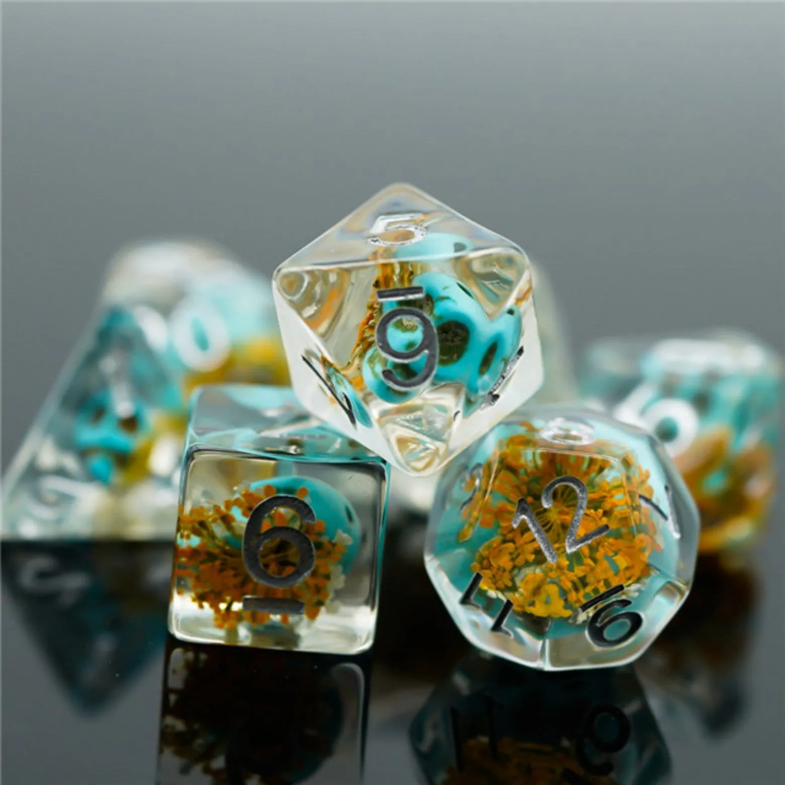 Yellow Flower with Blue Skull RPG Dice Set