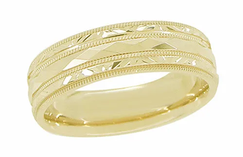 Yellow Gold Engraved Kaleidoscope Vintage Retro Design Wide Wedding Band - 6mm