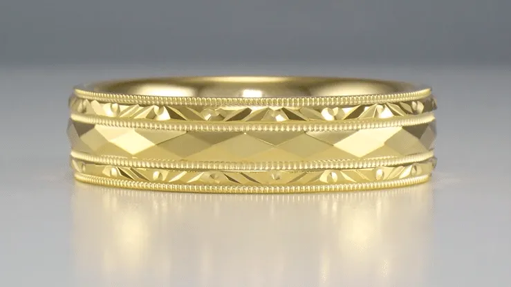 Yellow Gold Engraved Kaleidoscope Vintage Retro Design Wide Wedding Band - 6mm