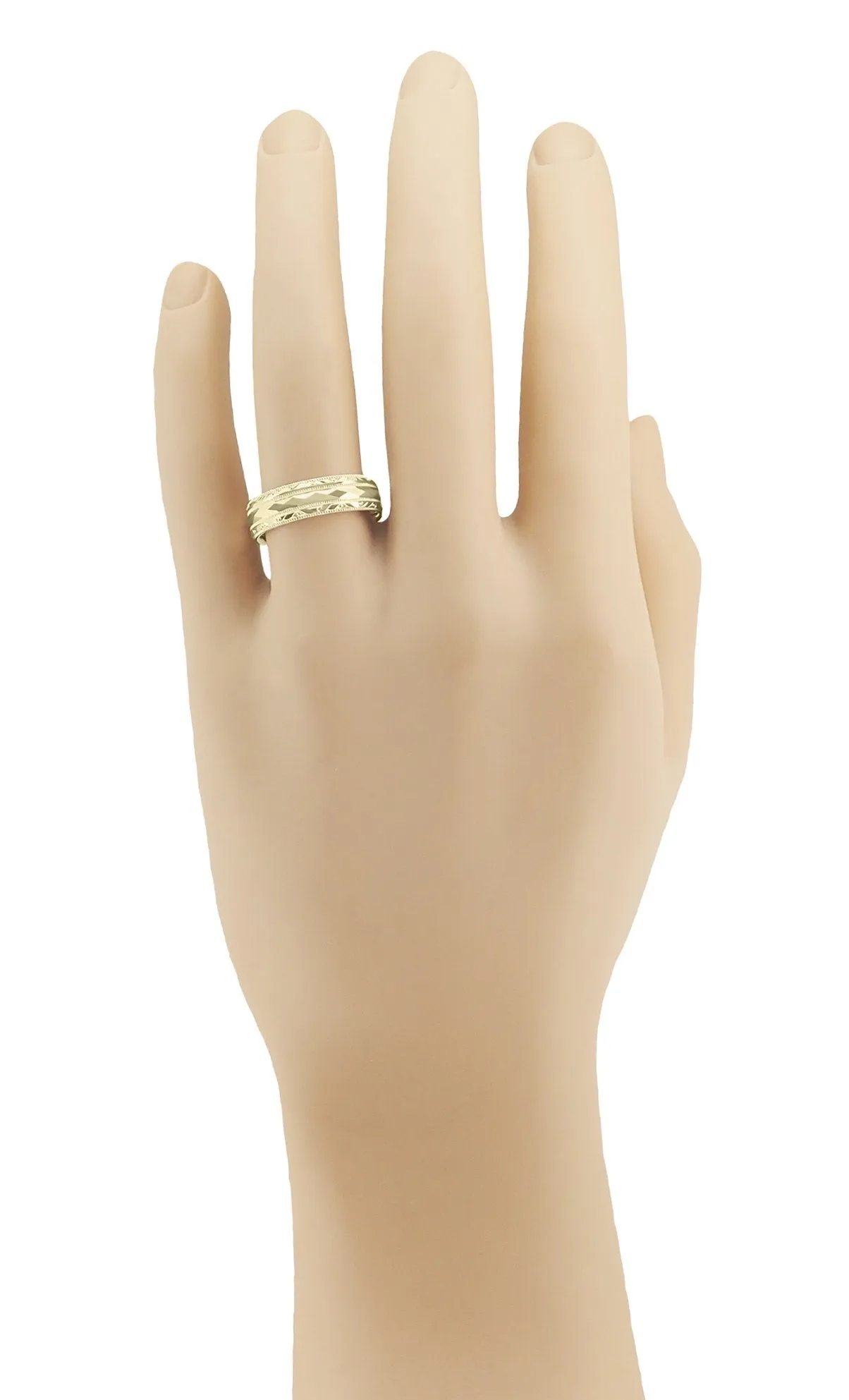 Yellow Gold Engraved Kaleidoscope Vintage Retro Design Wide Wedding Band - 6mm